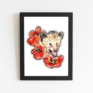 Screaming Opossum and Red Flowers Art Print, Watercolor Animal Illustration Wall